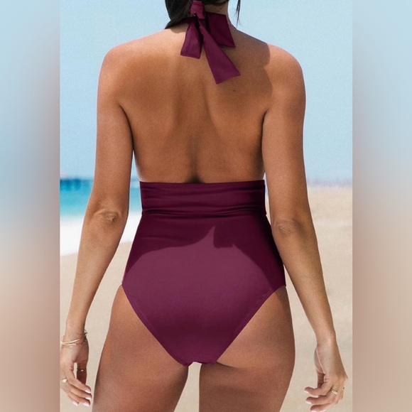 NWT Cupshe Burgundy Wine Tummy Control Halter Onepiece Bathing Suit Swimwear XL - Picture 4 of 13